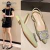 Comemore Beige Heeled Sandals Clear Shoes 2024 Women's Black Rhinestone Medium Pointed Closed New Spring Gladiator Block Girls