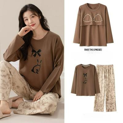 Весенне-осенняя пижама из чистого хлопка с нагрудными вкладышами, женская, мультяшная, с круглым вырезом, для дома, можно носить на улице, большой размер, костюм, осень