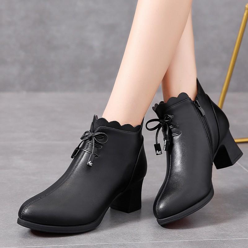 Женские ботильоны осень-зима теплые ботинки черные кожаные туфли женские 2024 новые туфли на молнии с квадратным каблуком Zapatos De Mujer