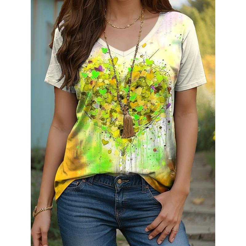 Summer V-neck 3D Love Pattern Printed Top Fashionable Casual Short Sleeved Women's T-shirts