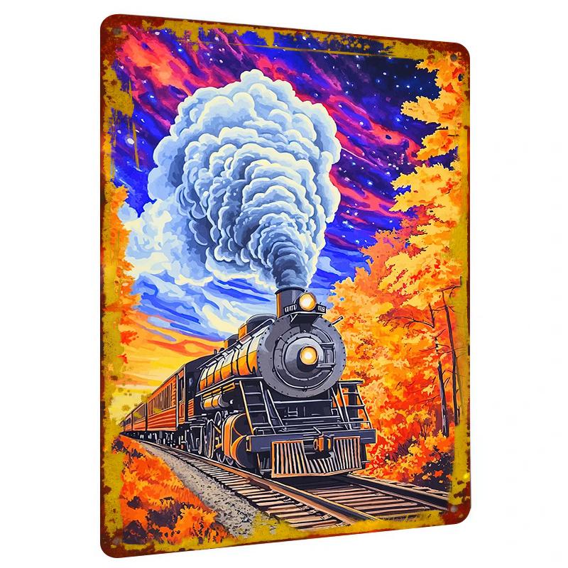 Autumn Starry Sky Retro Steam Locomotive Metal Wall Art American Country Living Room Decor
