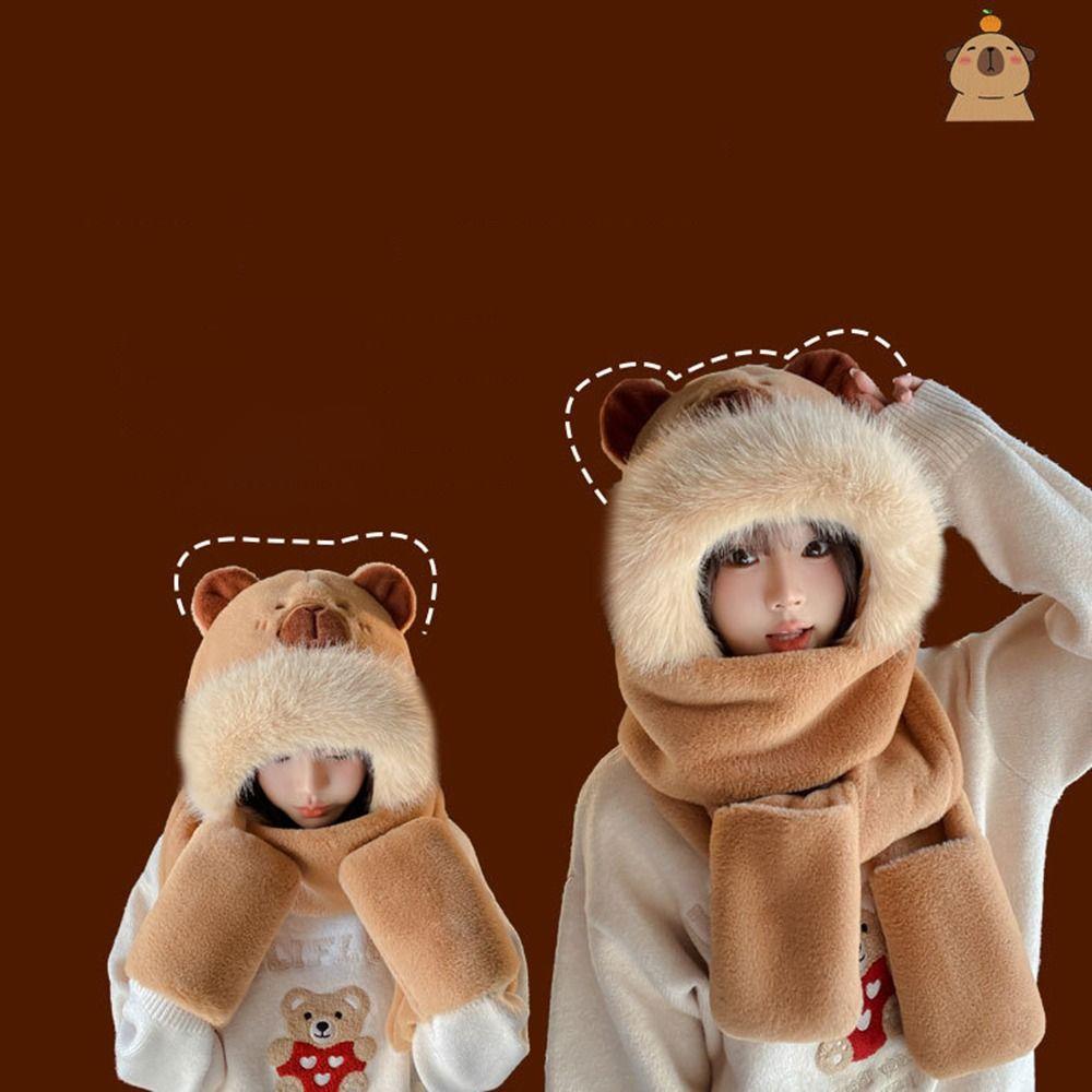 Panda Capybara Hat Scarf Set 3 In 1 Cartoon Plush Hat Earmuff Scarf Hat Glove for Women Lady