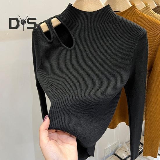 Women Fall Winter Top Thick Knitted Half High Collar Long Sleeve Slim Fit Solid Color Hollow Out Elastic Pullover Soft Warm One Size Lady Sweater