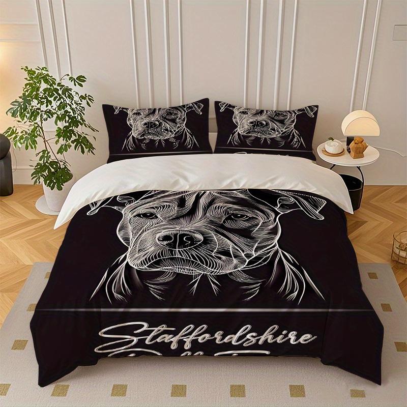 3PCS Bull Terrier Bedding Set Black White Line Drawing Duvet Cover With Pillowcase No Insert Queen Size Minimalist Room Decor