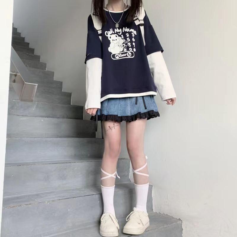 2024 Осень Девушки Подростки Harajuku Мультфильм Медведь Принт Поддельные 2 Части Футболка Лоскутная Длинный Рукав Y2K Футболка Женская Милая Одежда