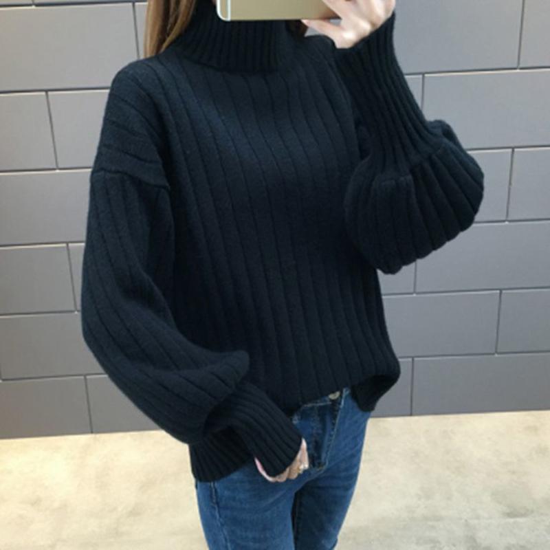 Women Solid Color Lantern Sleeve Half High Neck Sweater Loose Knitting Sweater Women's Knitting Bottoming Sweater Autumn and Winter