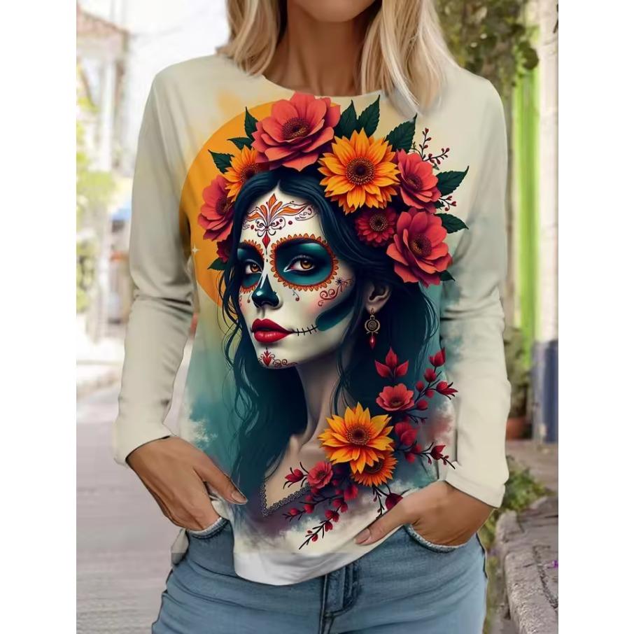 Sugar Skull Pattern Womens Long Sleeve Shirt Day of the Dead Shirts Fashion 3D Printed Tops Summer Gothic Style Women's Clothing