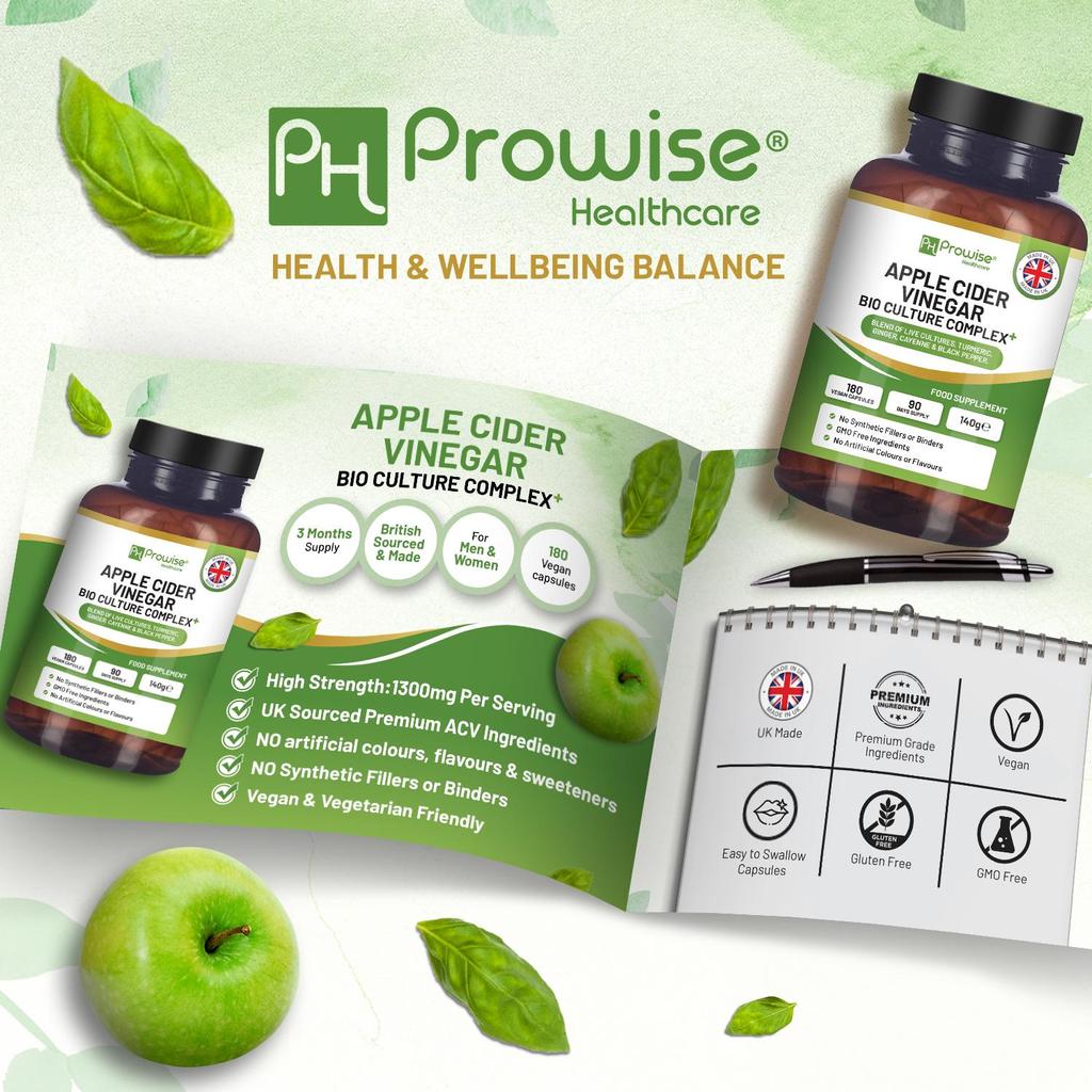 Apple Cider Vinegar with Bio Cultures Complex 1300mg 180 Capsules I Vegan I Made In UK by Prowise