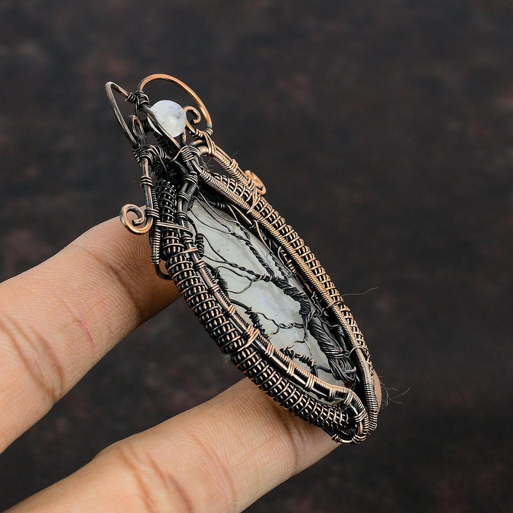 Кулон Древо Жизни с Радужным Лунным Камнем, Кулон, оплетенный медной проволокой, Кулон ручной работы, Украшения из медной проволоки, Кулон с драгоценным камнем, Подарок для женщин