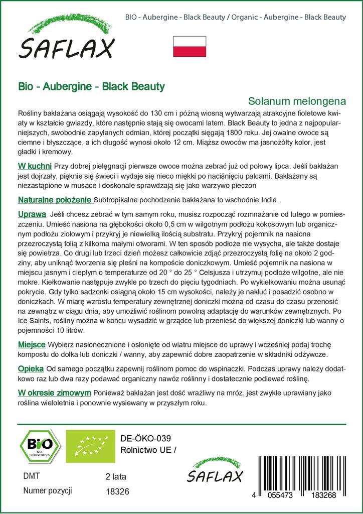 SAFLAX Garden in the Bag - Органический - Баклажаны - Black Beauty - 25 семян - С субстратом в подходящем пакете - Solanum melongena