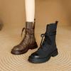 Модные новые осенне-зимние женские ботинки из спилковой кожи с круглым носком, женские модные ботинки на среднем каблуке со шнуровкой до середины икры, обувь на платформе