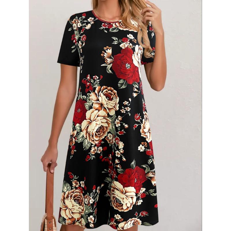 Женское платье с принтом, элегантное модное летнее платье свободного кроя с круглым вырезом и короткими рукавами