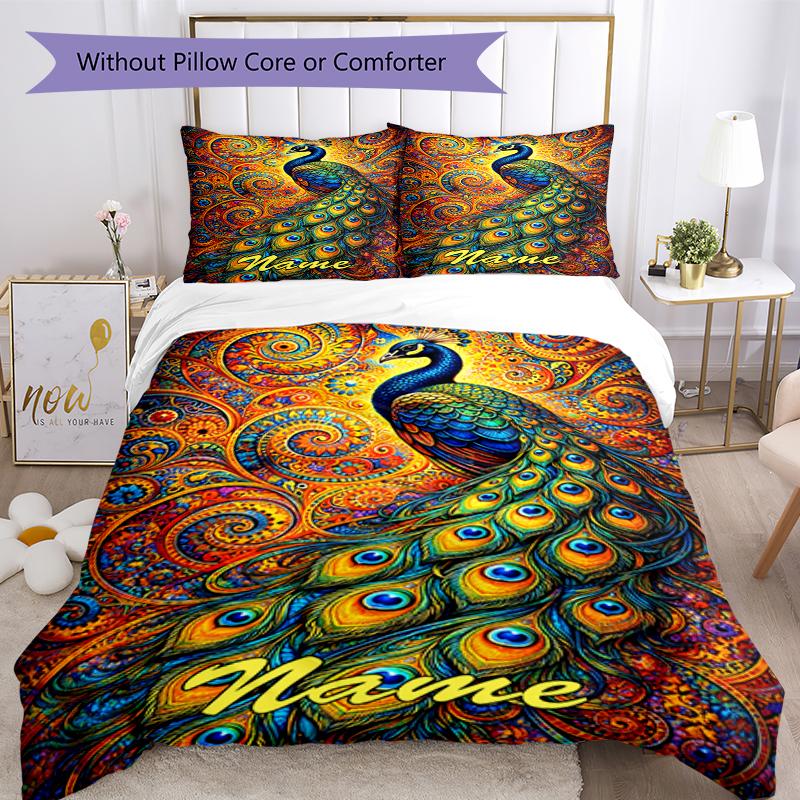 3pcs Custom Name Peacock Bedding Set Duvet Cover Closure Includes 1 Duvet Cover & 2 Pillowcases, Soft and Comfortable for All Seasons.