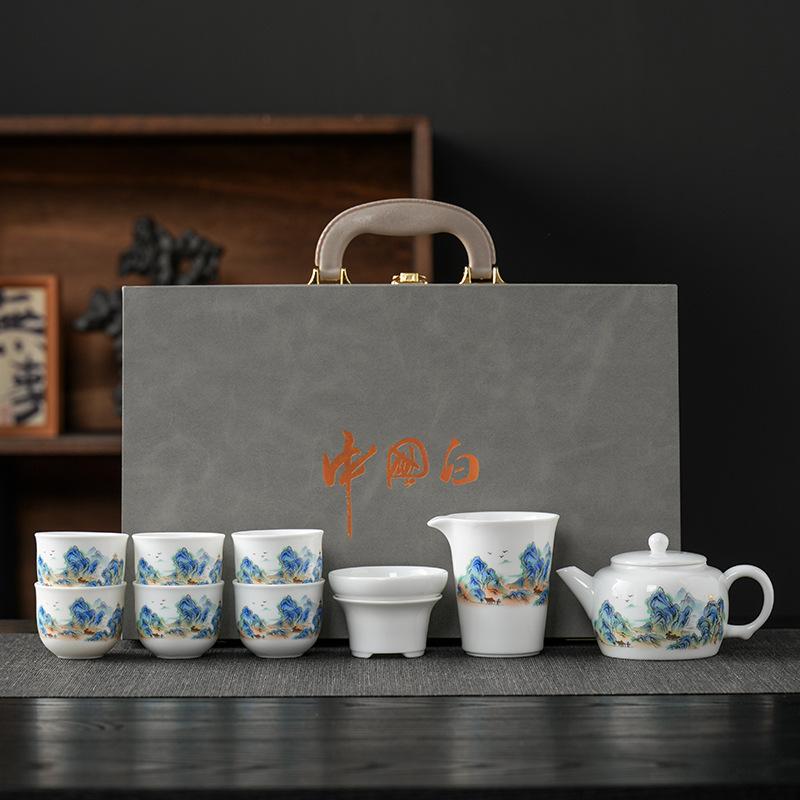 National style landscape white porcelain tea set, a pot of six cups gift box for gifts, self-use tea brewer, light luxury business companion gifts