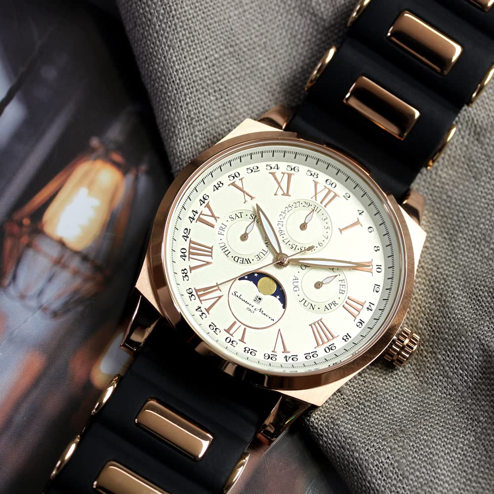 Watch Moon Phase Multi Calendar 5 ATM Water Resistant Business Formal Rubber Belt Limited Model White Pink Gold [Salvatore Mara] Men's SM22105R-PGWH