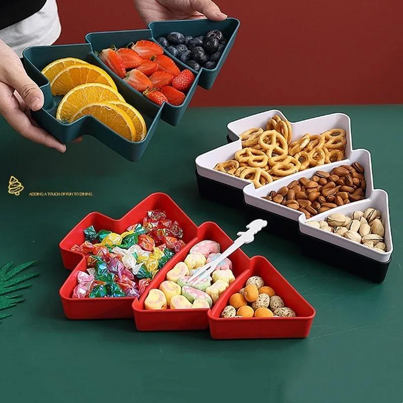 Creative Christmas Tree Shape Tray Plastic Compartmented Fruit Plate Candy Snacks Nut Tray Home Christmas Party Dessert Plate