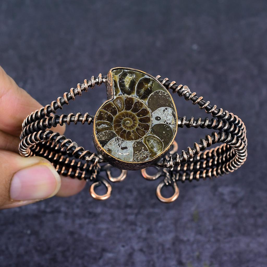 Natural Ammonite Fossil Gemstone Copper Wire Wrap Cuff Bangle Adjustable f7Q36