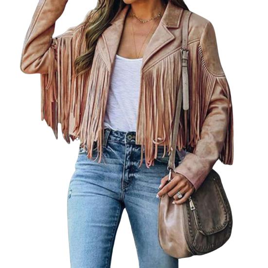 Женская повседневная куртка с кисточками, длинными рукавами, лацканами, укороченное пальто из искусственной замши, байкерская верхняя одежда на весну и осень