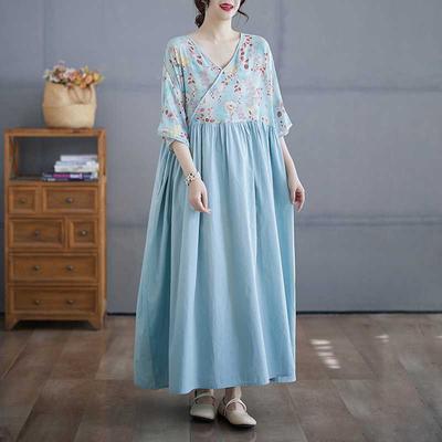 Летнее платье с V-образным вырезом в стиле пэчворк, большого размера, длинное платье