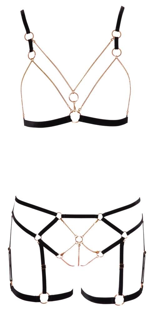 Cottelli LINGERIE - Sexy Bra with Straps and Chains + Lace Panties M