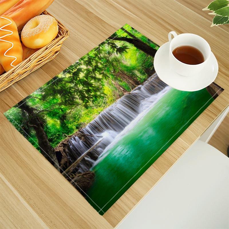 Natural Waterfall Print Linen Dining Table Mats Alphabet Kitchen Placemat 30X45cm Coasters Pads Bowl Cup Mat