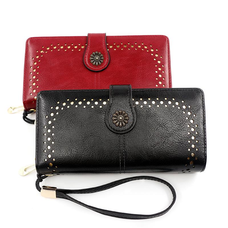 Women's Oil Wax Leather Zipper Wallet with Coin Purse & ID Holder