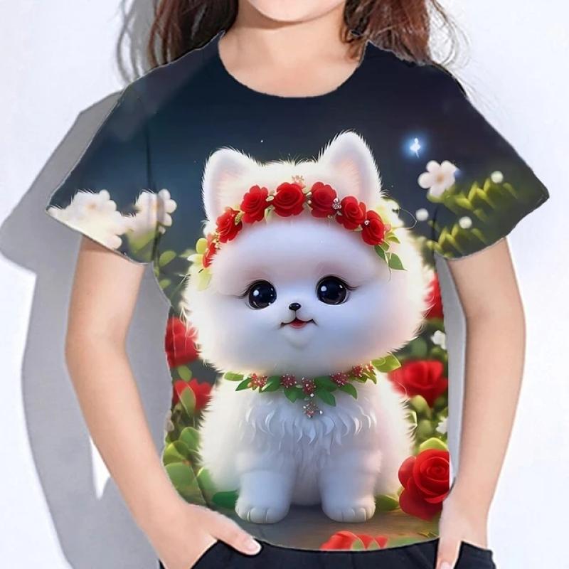 Летняя футболка для девочек с короткими рукавами, активная повседневная одежда из полиэстера с животным котом, детская рубашка с 3D-принтом и принтом для детей от 2 до 14 лет