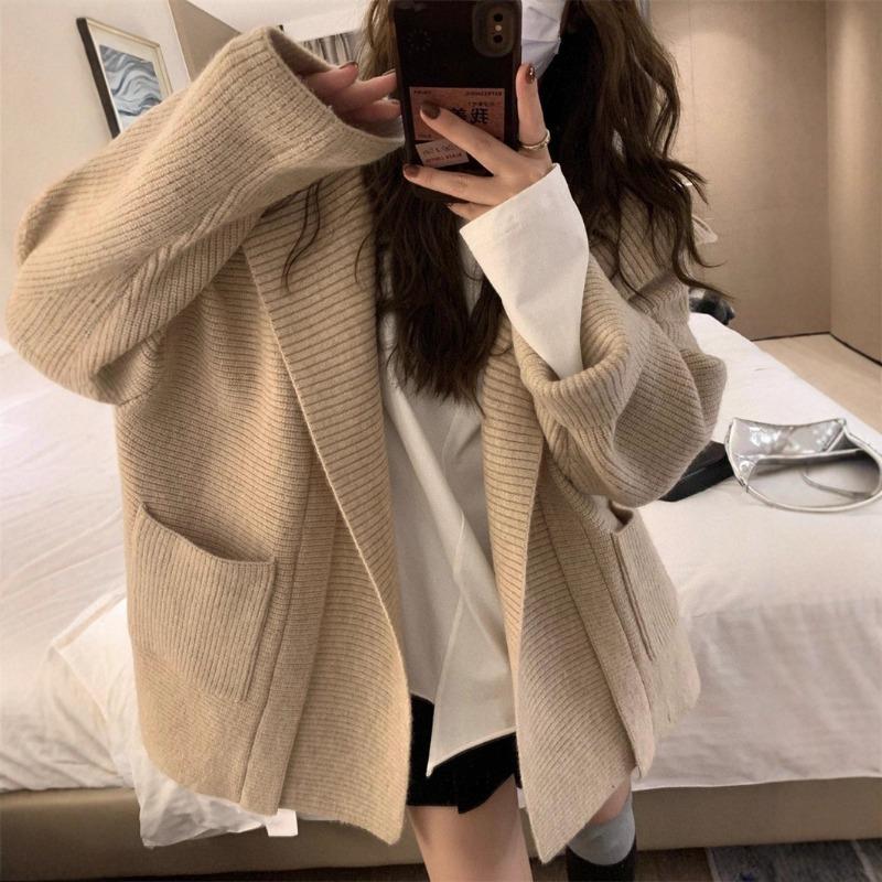 Женский вязаный кардиган с капюшоном большого размера, одежда осень-зима, новый дизайн в ленивом стиле, куртка-свитер