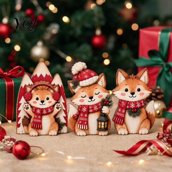 Small Wooden Desktop Statues 3Pcs Christmas Fox Tabletop Decor, Cute Cartoon Laser-Cut Solid Wood Decor Figurines, Farmhouse Holiday Mantel