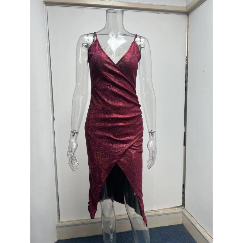 Весна/лето Сексуальное блестящее платье с высоким разрезом и глубоким V-образным вырезом на бретелях