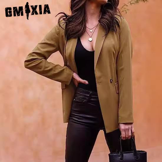 GMXIA Women's Casual Blazer Long-sleeved Oversized Front Cardigan Business Lapel Button Up Office Jacket
