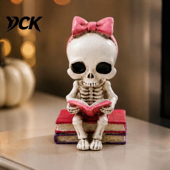 Skull Decor with Pink Bow Reading Book Ornament, Artistic Sculpture, Retro Aged Bone Texture Ornament Gothic Resin Figurine for Bookshelf Desktop