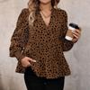 Women Fashion Long Sleeve V Neck Ruffles Leopard Printed Pullover Shirt Blouse Top