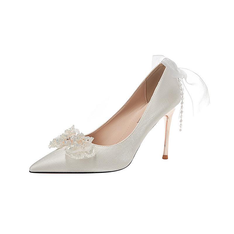 White Satin Stiletto Heels with Rhinestone Bow for Weddings and Banquets