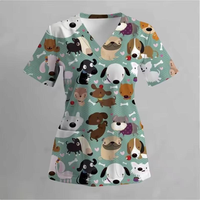 Женские топы для скраба, рабочая униформа, милые футболки с V-образным вырезом и принтом динозавров, с карманами, стоматолог, ветеринар, медсестра, хирургическая униформа, уход