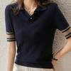 Women Sweaters Pullovers 2025 Summer Short Sleeve Turn Down Collar Solid Knitted Sweater Women Tops Pullover JJ144