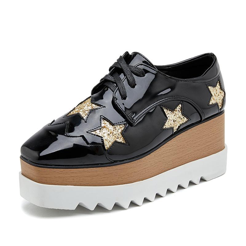 Slim and Versatile 2024 Spring New Star Thick Sole Sponge Cake Sole Casual Shoes Lace Up Slope Heel Shoes Women's British Style HZB