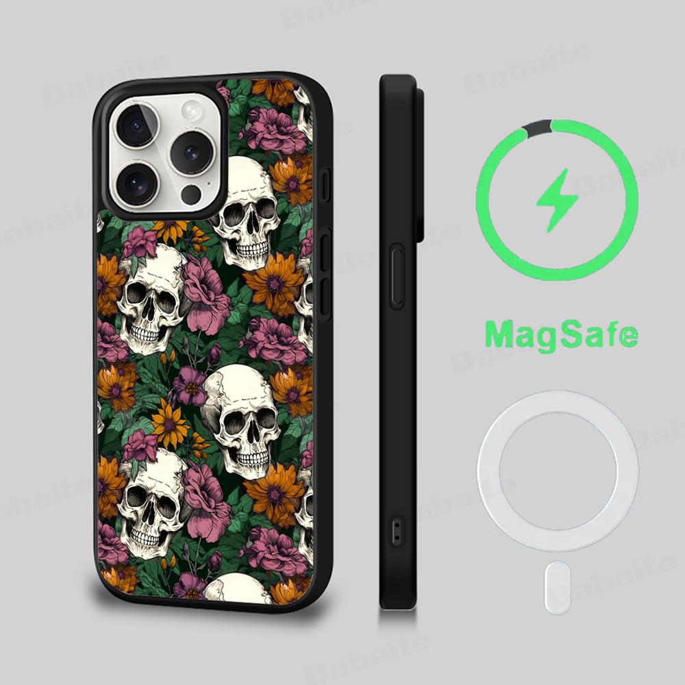 Жуткие узоры в виде черепов Чехол для телефона Магнитный чехол Для IPhone 16 14 13 12 11 15 Pro Max Plus Для Magsafe Беспроводная зарядка Чехол