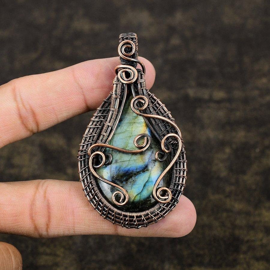 Подвеска ручной работы из медной проволоки из натурального лабрадорита длиной 2,96 дюйма I3S65
