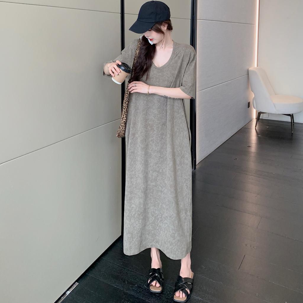 DIMANAF 2025 Летнее платье больших размеров для женщин Свободное Винтажное с коротким рукавом Повседневное Базовое Оверсайз Однотонное Длинное платье