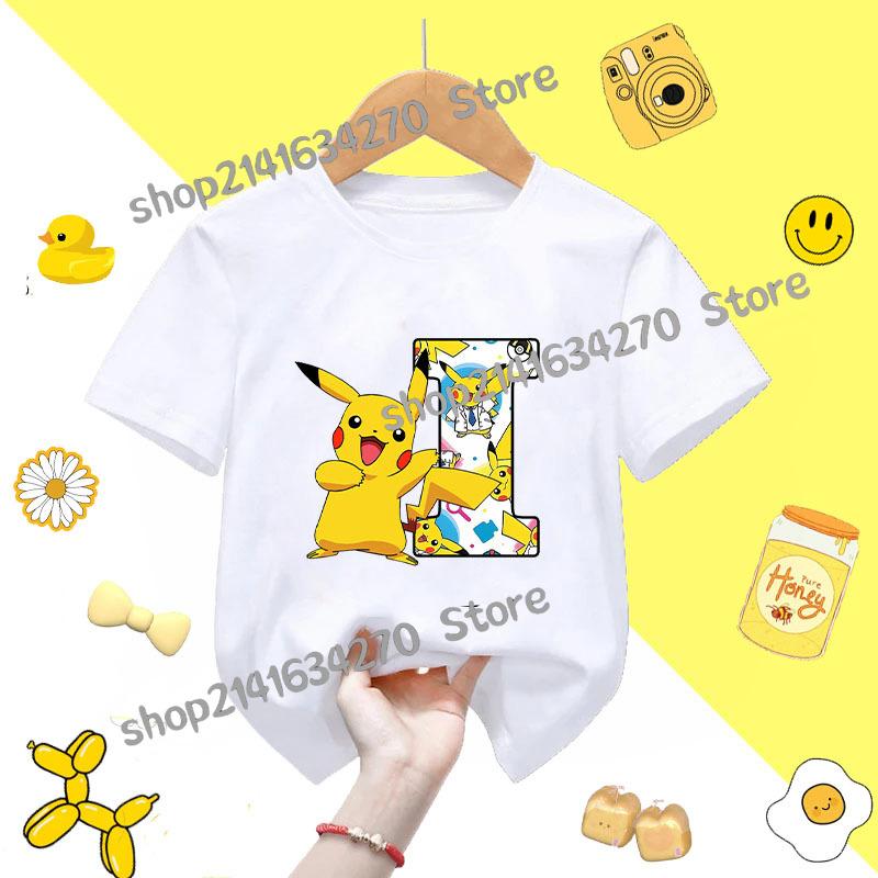 Short Sleeve Summer Tshirt Tops Cotton Tee for Pokemon Pikachu Anime AZ letters Printed Cute Clothing Children Casual Clothes