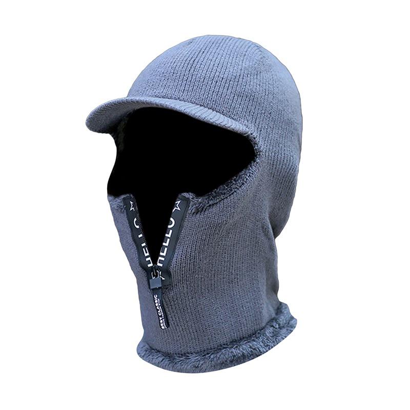 Solid Color Knitted Hooded Hat for Unisex Neck Guard Zipper Scarf Beanie Warm Autumn Winter Headwear Face Cover Thermal Cap