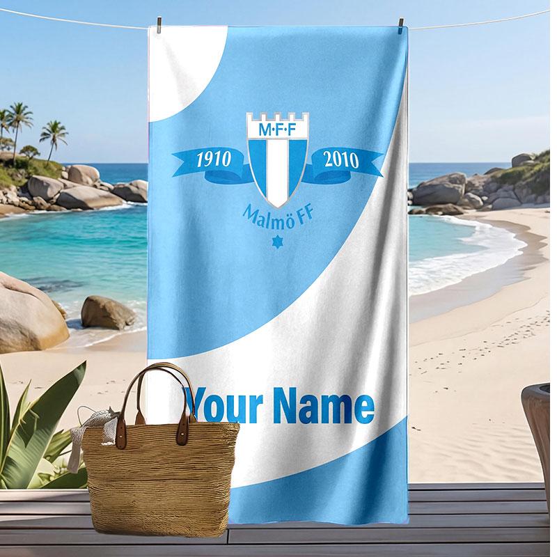 Malmö FF Personalized Printed Beach Towel Soccer Logo Support Custom Name Text Absorbent Towel For Sport Travel Special Gift
