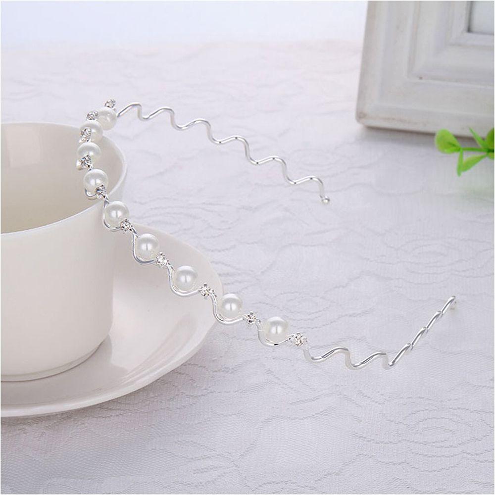 Jewelry Hair Band Head Chain Metal Pearl Crystal Wave Hairband for Women Headwear Black Silver