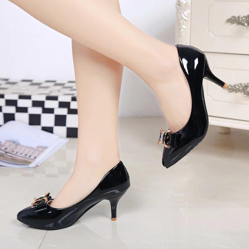 Spring and autumn high heels shallow mouth women's single shoes sweet thin heels pointed bow Korean version professional four seasons work leather sh