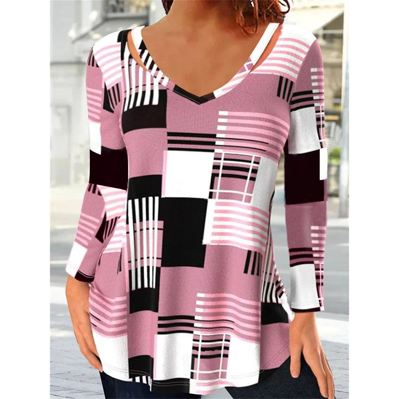 Women's V-neck T-shirt Summer Fashion Checkered Printing Long Sleeved Shirt Street Oversized T-shirt Harajuku Loose Tee 5xl Female Clothing