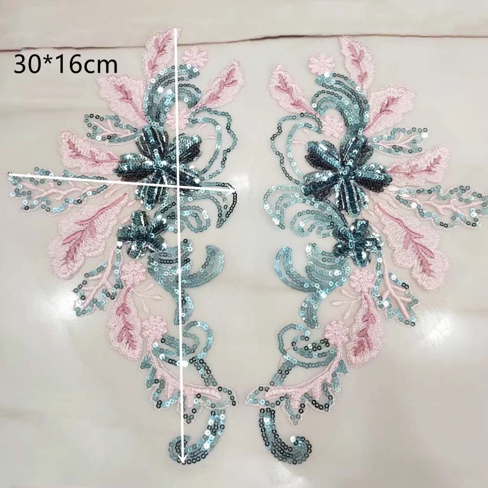 1 Pair Blue Green Flower Sequins Embroidered Patches Wedding Appliques DIY Sew Patch Dress Decoration
