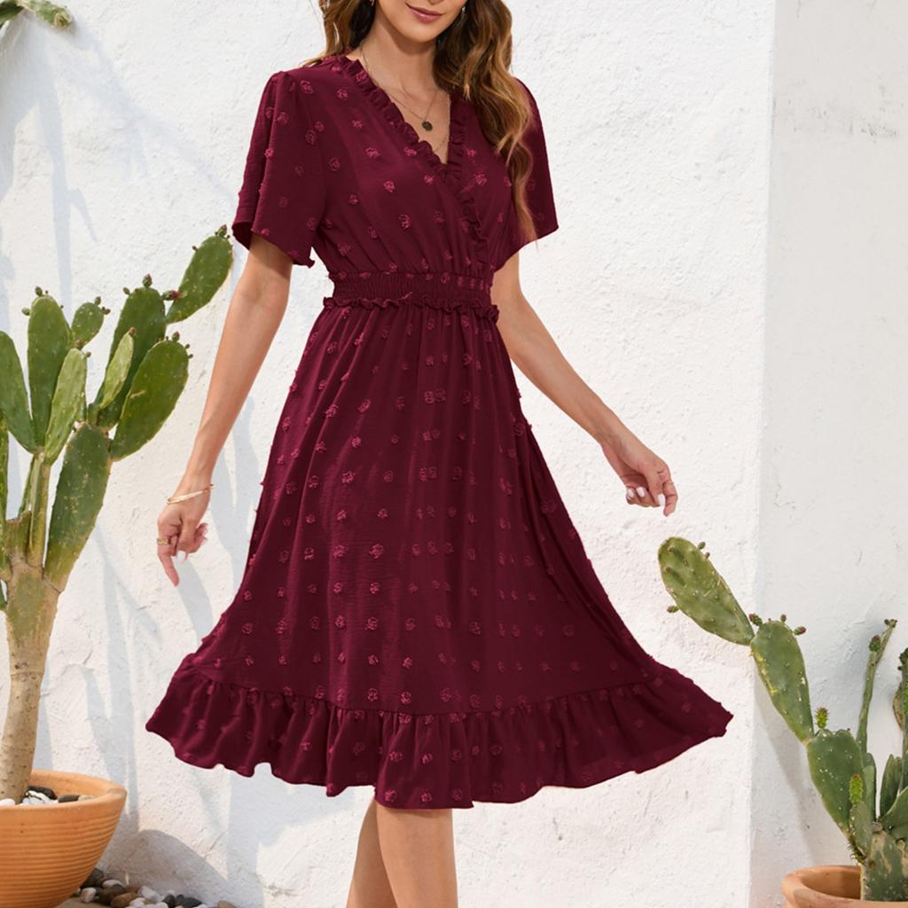 Women's Casual Polka Dot Ruffle Dress Summer V Neck Swing Dress Wedding High Waist Midi Dress Elegant Cocktail Sundress