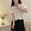Korean Sweet V-Neck Bow Shirt Women's Clothing Elegant Single-breasted Summer Solid Color Casual Basic Short Sleeve Loose Blouse