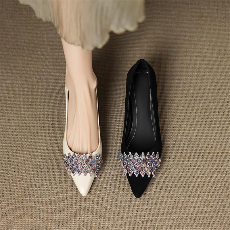 Fashion New Spring/Autumn Genuine Leather Women Shoes Pointed Toe Shoes for Women Fashion Rhinestone Loafers Shallow Mouth Women Pumps